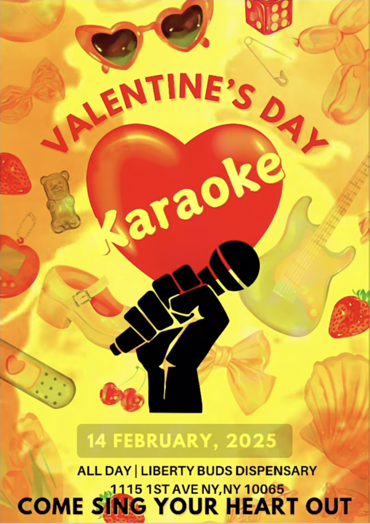 People singing at a cozy Valentine’s Day-themed karaoke night inside Liberty Buds.